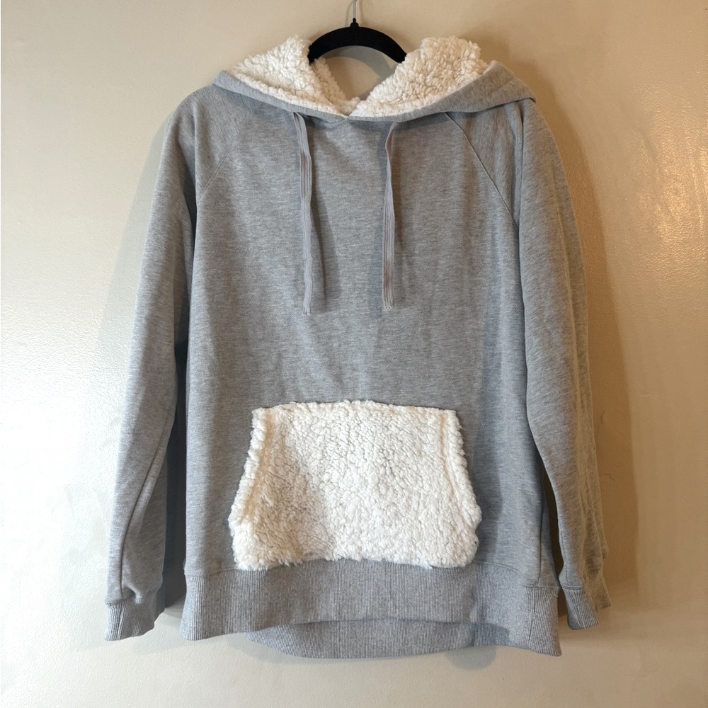 Hem & Thread Anthropologie Gray Hoodie White Fleece Pockets and Hood NWOT